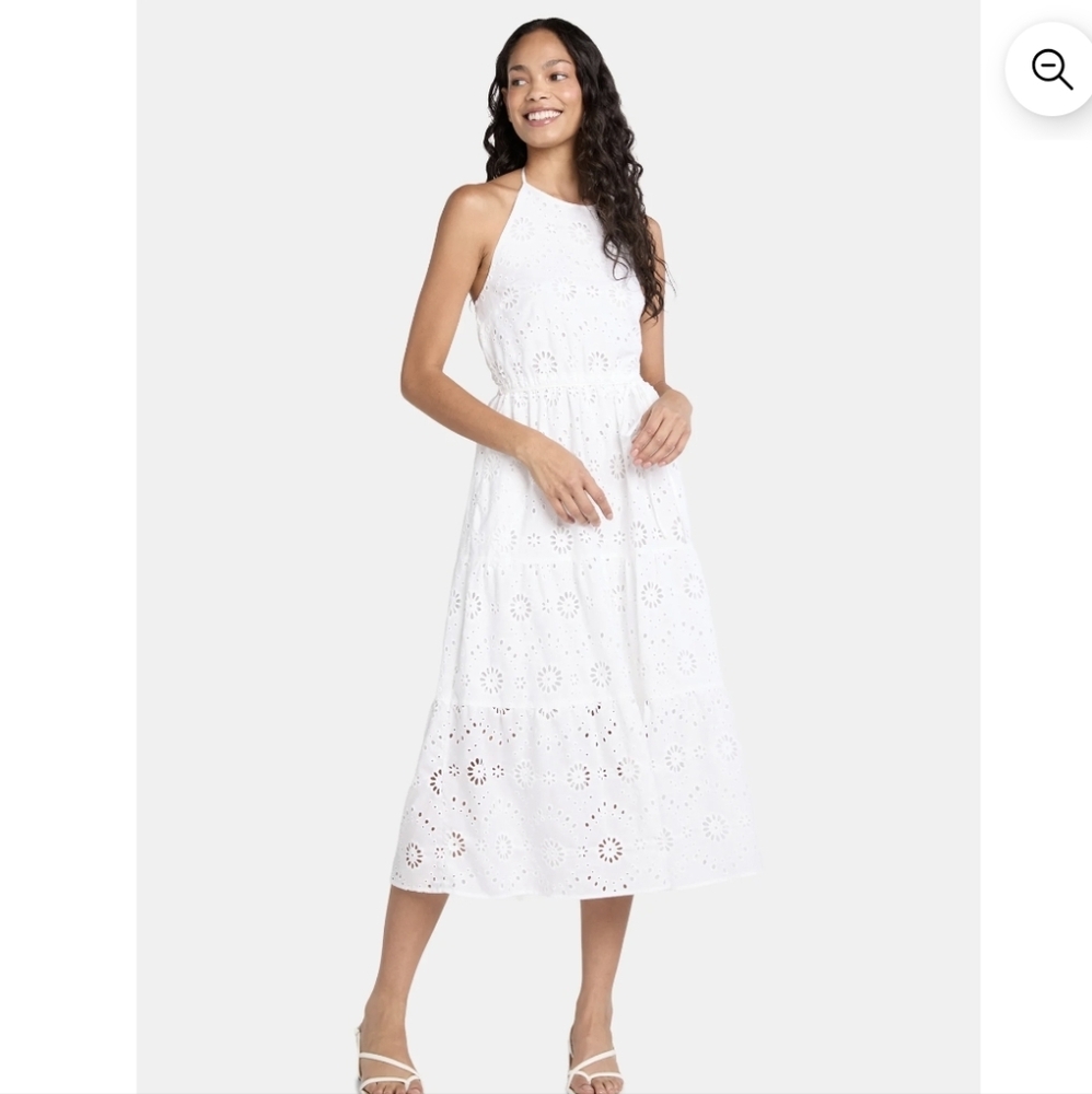 Elegant White Eyelet Halter Dress